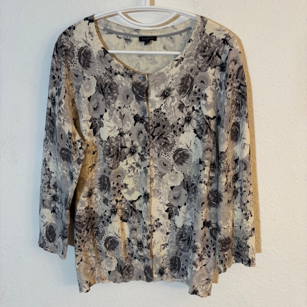 Talbots Floral Cardigan Women Large Gray Black White